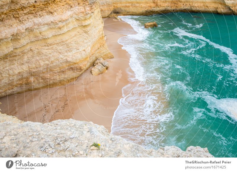 TheBeach Environment Nature Landscape Water Blue Brown Yellow Turquoise Sand Waves White crest Ocean Vacation & Travel Rock Cliff Algarve Stone Colour photo