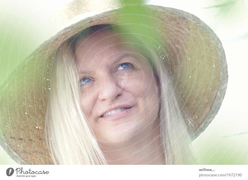 Blond and blue eyes and atroh hat - Summer feeling Woman Blonde Long-haired naïve Straw hat Smiling Laughter Vacation & Travel Joy Happy Hope Religion and faith