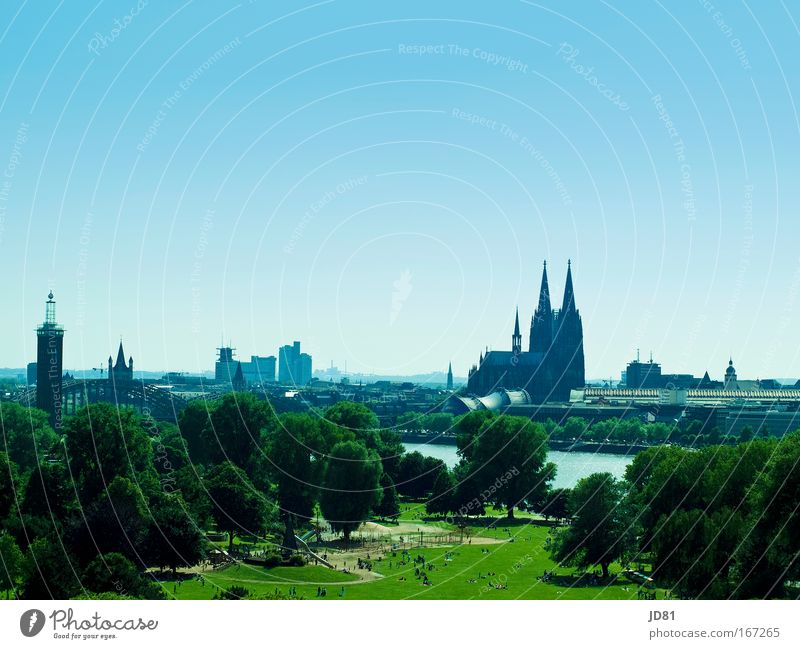Cologne sinks into blue Colour photo Multicoloured Exterior shot Copy Space top Day Bird's-eye view Landscape Beautiful weather Park Outskirts Populated