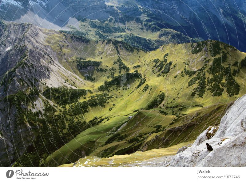 View from summit to alpine pasture in the Alps (Karwendel) Relaxation Calm Vacation & Travel Adventure Freedom Mountain Hiking Climbing Mountaineering Nature