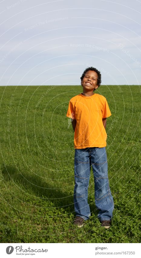 Beaming with the sun (Smiling boy on a meadow) Well-being Contentment Human being Masculine Boy (child) Life 1 Environment Nature Landscape Plant Air
