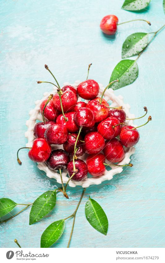 Ripe sweet cherry with leaves in white bowl Food Fruit Dessert Nutrition Organic produce Vegetarian diet Bowl Style Design Healthy Healthy Eating Life Summer