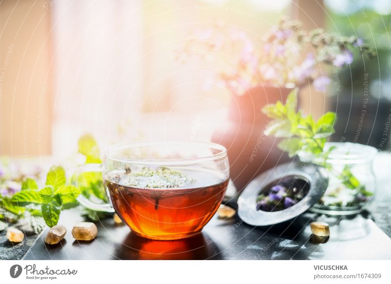 Cup with herbal tea on windowsill Food Herbs and spices Nutrition Organic produce Beverage Hot drink Tea Glass Spoon Lifestyle Style Design Healthy