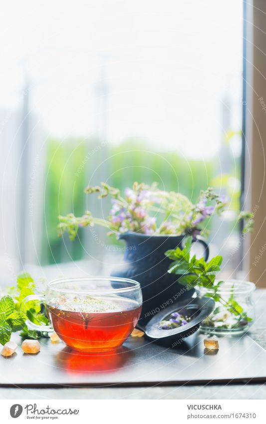 Cup with hot herbal tea at window Beverage Hot drink Tea Style Design Healthy Alternative medicine Healthy Eating Life Summer Living or residing Interior design