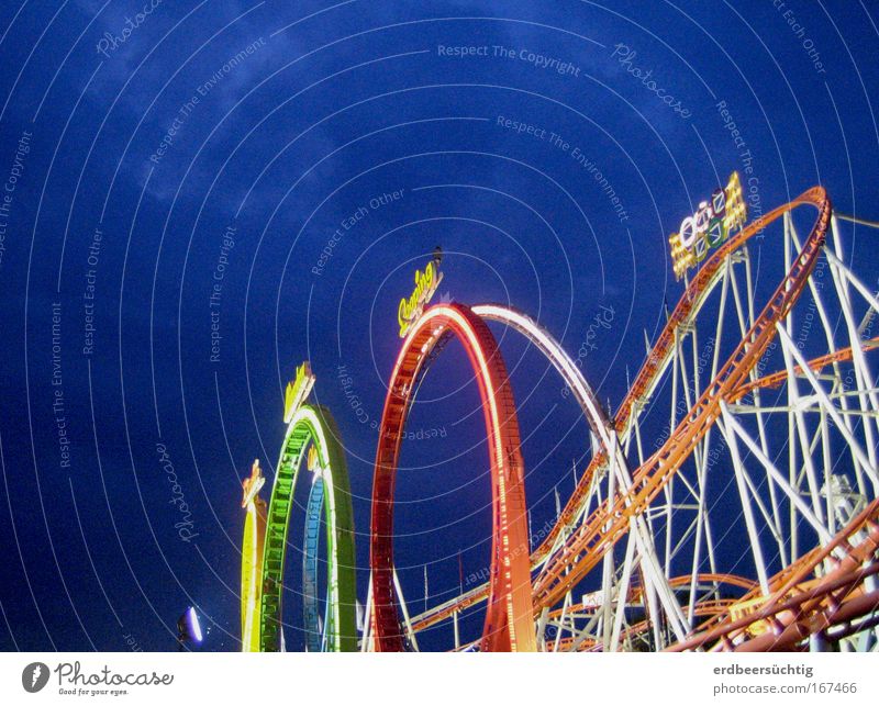 ooOooooo Leisure and hobbies Entertainment Fairs & Carnivals Roller coaster Feasts & Celebrations Multicoloured Exterior shot Twilight Artificial light