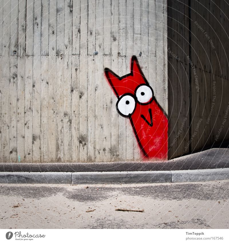 Yoo-hoo! Colour photo Exterior shot Eyes Ear Outskirts Deserted Manmade structures Wall (barrier) Wall (building) Facade Street Tunnel Bridge Sign Graffiti