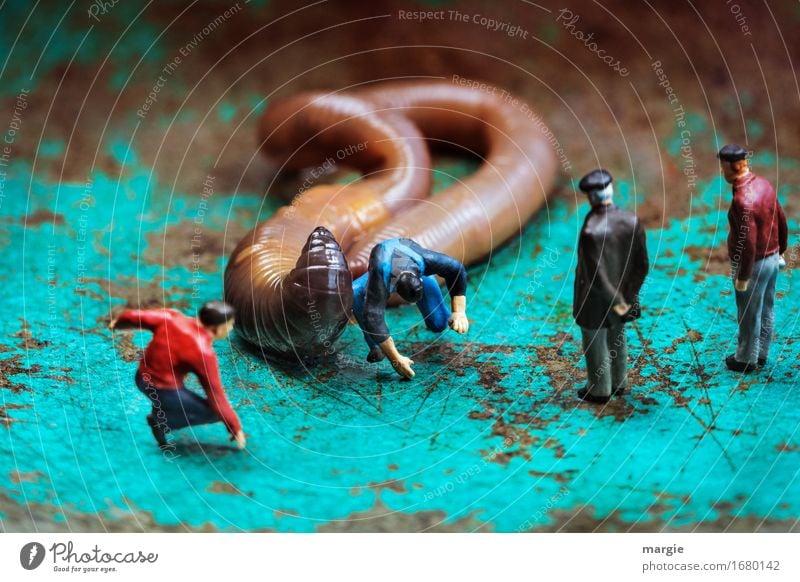 Miniworlds - Worm Rodeo Ride Equestrian sports Human being Masculine Man Adults 4 Animal 1 Jump Brown Turquoise Fear Landscape format To fall Observe Audience
