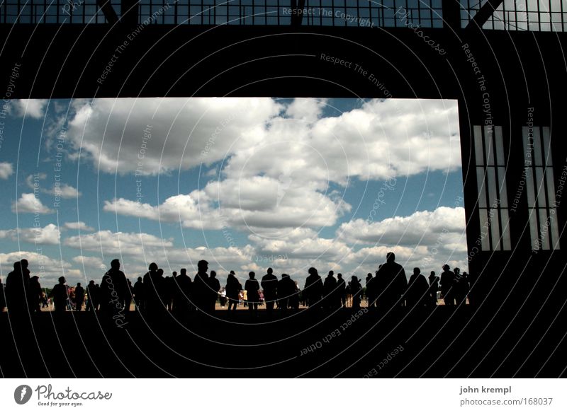 Raise the curtain! Colour photo Subdued colour Copy Space top Silhouette Wide angle Human being Crowd of people Berlin Capital city Airport Aviation Airplane