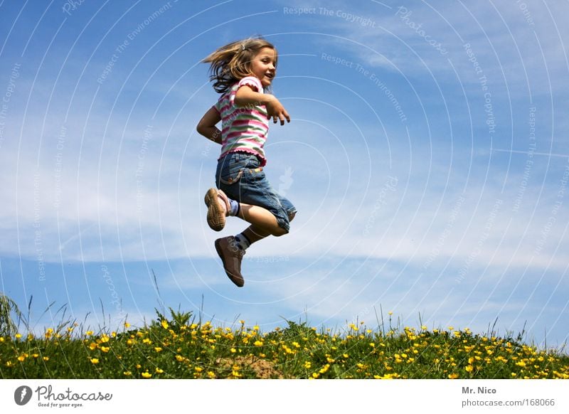 feel free I Exterior shot Playing Girl Nature Sky Beautiful weather Meadow Hill Jump Romp Hiking Happy Happiness Contentment Joie de vivre (Vitality)