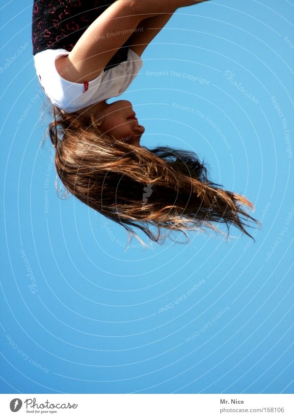 90° Upper body Hair and hairstyles Hairdresser Girl Infancy Head Nose Mouth Cloudless sky Brunette Long-haired Rotate Flying Beautiful Wild Joy Happiness Ease