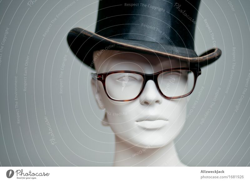 hat model Fashion Eyeglasses Hat Top hat Hip & trendy Retro Gray Black Nostalgia horn-rimmed glasses Model Mannequin Subdued colour Studio shot Deserted