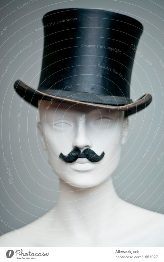hippster Fashion Hat Top hat Moustache Elegant Hip & trendy Retro Gray Black Nostalgia Model Mannequin Subdued colour Studio shot Deserted Portrait photograph