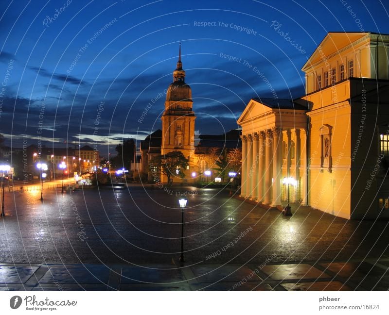 Karolinenplatz Places Open National archive Hesse Darmstadt Entrance Portal Night Dark Twilight Clouds Lighting Classical Long exposure Architecture Rain Opera