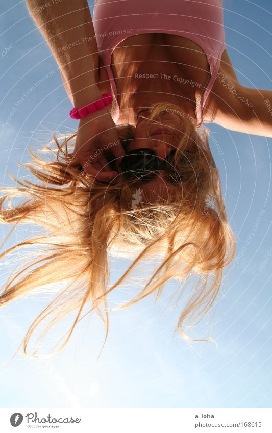 upside down Lifestyle Joy Summer Human being Young woman Youth (Young adults) Hair and hairstyles Sky Sunglasses Blonde Smiling Friendliness Happiness Happy