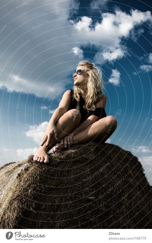 lena in heaven Colour photo Exterior shot Looking away Human being Feminine 1 18 - 30 years Youth (Young adults) Adults Landscape Sky Clouds Grass Field Village