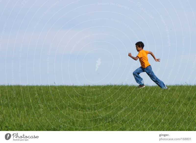 Take off (boy running across a meadow) Leisure and hobbies Running sports Human being Masculine Child Boy (child) Youth (Young adults) 1 Nature Landscape Sky