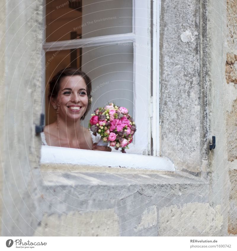 Happy day, bride by the window. Feasts & Celebrations Wedding Human being Feminine Young woman Youth (Young adults) Face 1 18 - 30 years Adults Flower