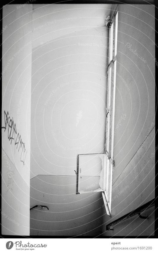 Shock ventilation | analog Factory Ruin Architecture Wall (barrier) Wall (building) Stairs Window Concrete Graffiti Dirty Sharp-edged Tall Broken Trashy Gloomy