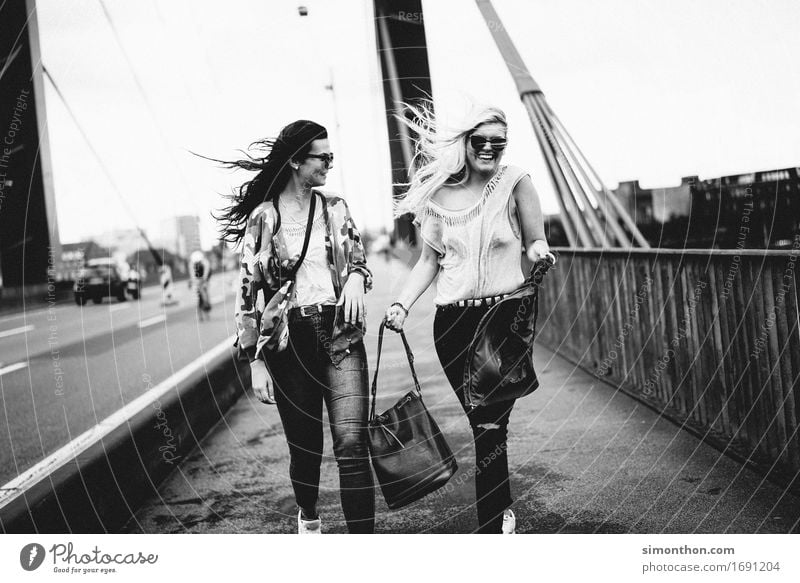 friends Lifestyle Shopping Style Joy Happy University & College student Feminine 2 Human being Town Capital city Downtown Street Bridge Happiness Contentment