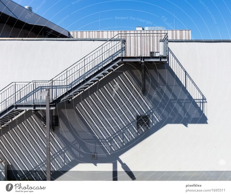 Stairs with shade Town Outskirts Deserted House (Residential Structure) Wall (barrier) Wall (building) Bright Blue Gray White Building Banister Story