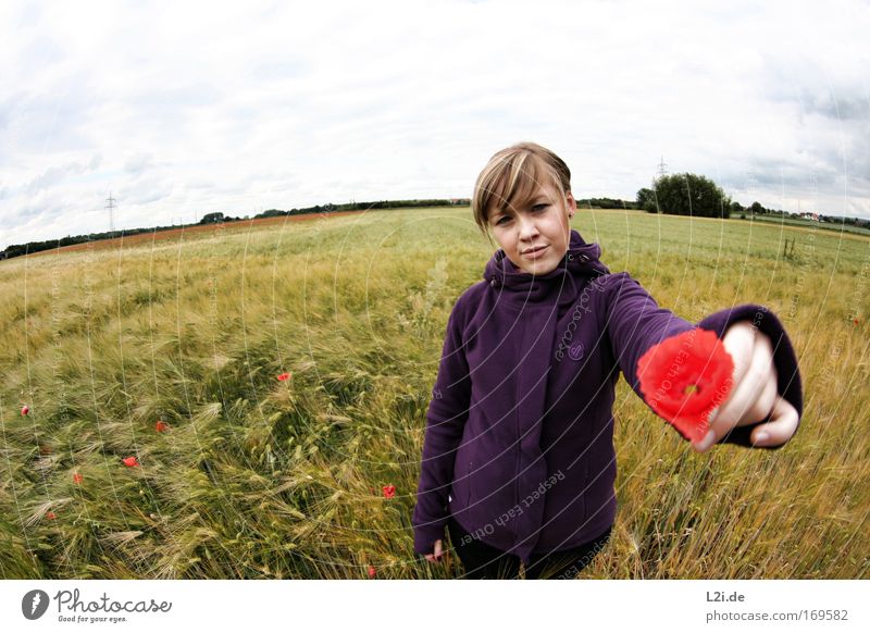 for you Colour photo Exterior shot Copy Space left Day Wide angle Upper body Front view Looking into the camera Human being Feminine Young woman