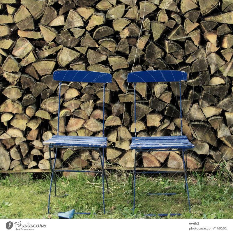 Wood to wood Living or residing Garden Arrange Furniture Chair Nature Grass Camping chair Relaxation Wait Old Poverty Sharp-edged Historic Blue Brown Green