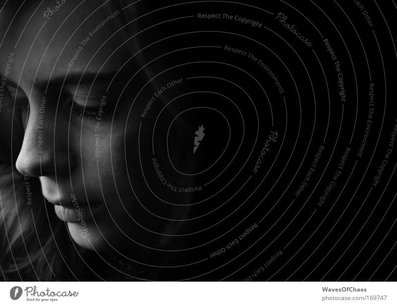 Gentle Black & white photo Interior shot Abstract Neutral Background Shadow Silhouette Portrait photograph Downward Human being Feminine Young woman