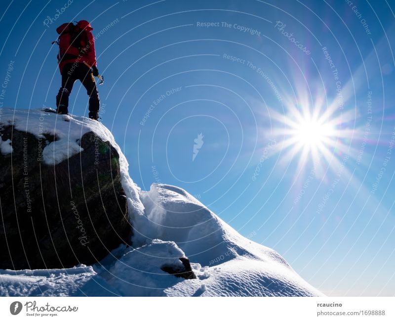 Mountaineer at the summit. Joy Vacation & Travel Adventure Freedom Expedition Sun Winter Sports Climbing Mountaineering Success Human being Man Adults Nature