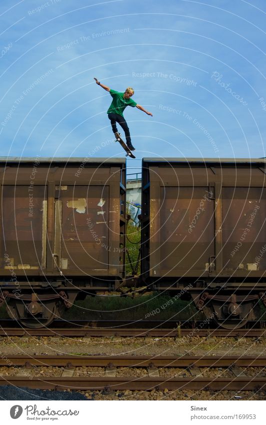 Jump over 2 wagons Colour photo Exterior shot Lifestyle Elegant Sports Means of transport Discover Aggression Skateboard Skateboarding Thrill Day