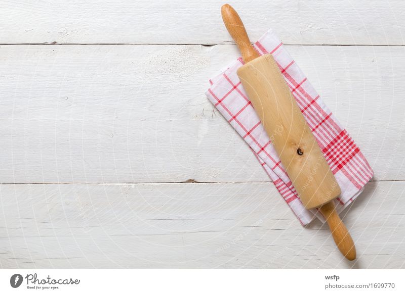 rolling pin and tea towel on rustic wood background Restaurant Gastronomy Old Red White Rolling pin noodle walker dough roll baking roll Dish towel