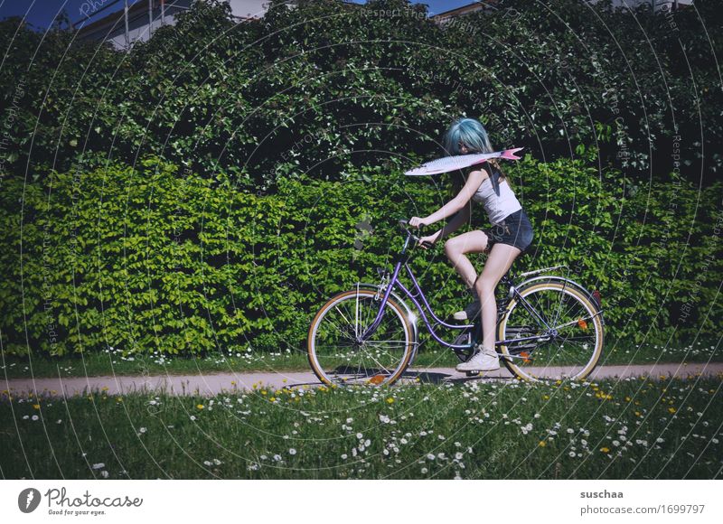 fish & bike II Exterior shot Summer Spring Green Bicycle Cycling Child Youth (Young adults) Young woman Girl Wig Fish Whimsical Strange Action Idea Infancy