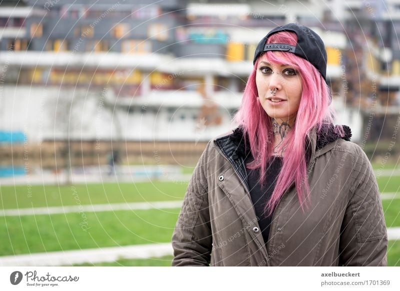 woman with pink hair at run-down housing estate Lifestyle Human being Feminine Young woman Youth (Young adults) Woman Adults 1 18 - 30 years Youth culture
