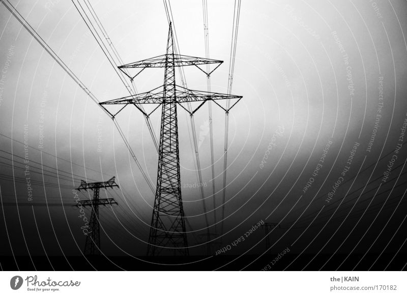 high voltage Black & white photo Exterior shot Deserted Copy Space right Evening Technology High-tech Energy industry Industry Electricity pylon