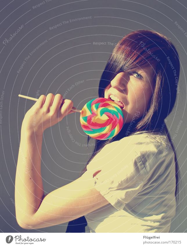 lollipop Feminine Young woman Youth (Young adults) Woman Adults 1 Human being 18 - 30 years Large Lollipop Lick Candy Multicoloured To hold on Contrast Striped
