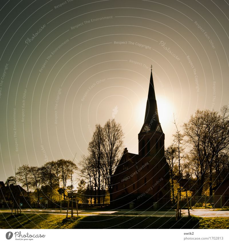 point in the right direction Cloudless sky Climate Beautiful weather Warmth Tree Grass Bernsdorf Saxony Germany Small Town House (Residential Structure) Church