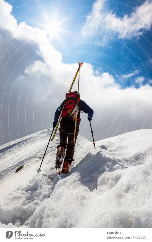 Ski mountaineer walking up along a steep snowy ridge Vacation & Travel Adventure Winter Snow Mountain Hiking Sports Climbing Mountaineering Success Human being