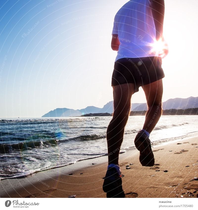 Man running at sunset on a sandy beach Masculine 1 Human being Running Athletic Beach Caucasian Coast Practice Fitness Healthy Jogger Jogging Nature Ocean