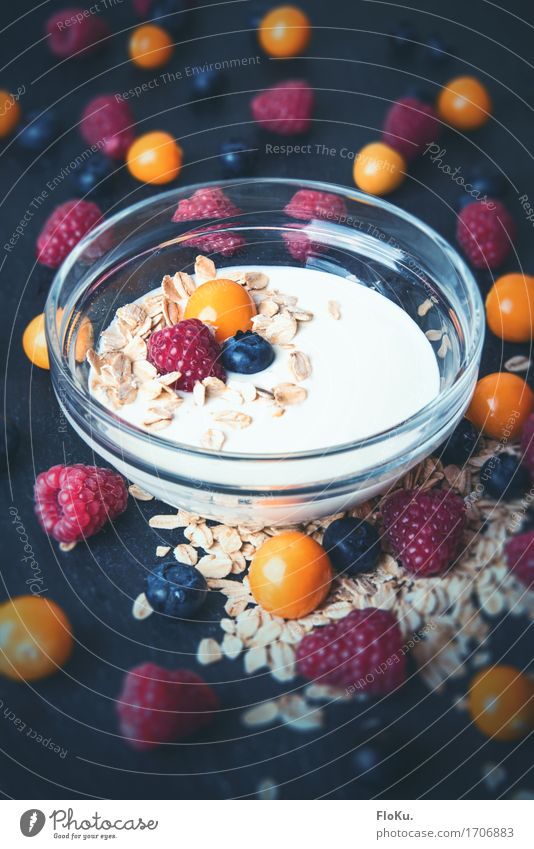 delicious berries Food Yoghurt Dairy Products Fruit Grain Bowl Healthy Healthy Eating Delicious Natural Sweet Blue Orange Red Diet Raspberry Physalis Blueberry