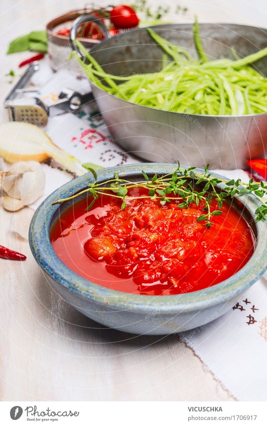 Bowl with tomato sauce Food Vegetable Herbs and spices Cooking oil Nutrition Banquet Juice Pot Style Healthy Eating Life Living or residing Table Kitchen Design