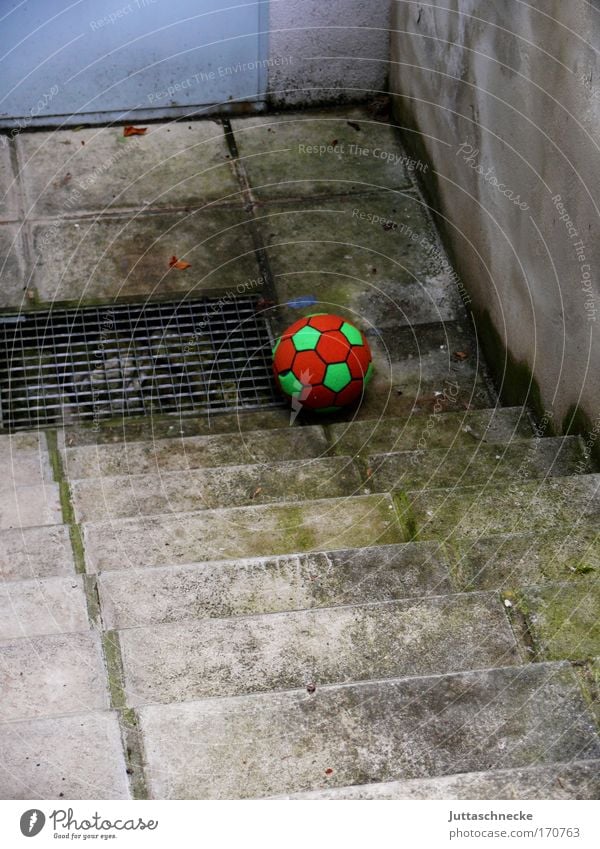 Lost and forgotten Ball Stairs staircase Toys Doomed Forgotten rolled away Roll roll away Infancy Under Grating Concrete Cellar Red Green Gray Playing
