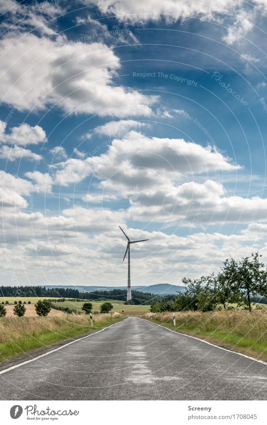 To the energy, this way... Energy industry Renewable energy Wind energy plant Nature Landscape Sky Clouds Summer Beautiful weather Grass Bushes Meadow Field