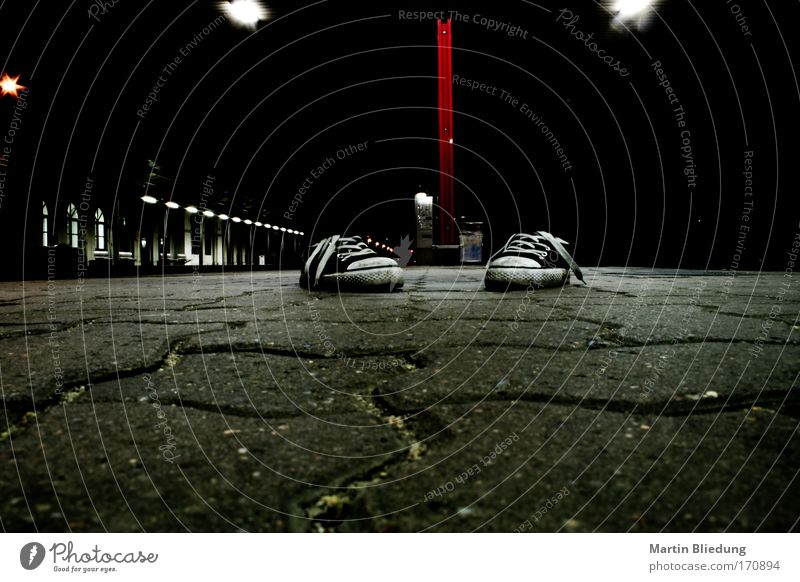 legless Feet Town Deserted Train station Platform Footwear Stone Concrete Stand Wait Dark Uniqueness Red Black White Moody Serene Fear Bizarre Mysterious