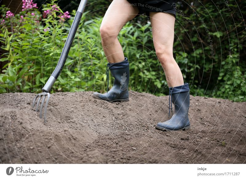 Dig up some shit! Adults Life Legs 1 Human being Earth Summer Beautiful weather Garden Rubber boots digging fork Gardening equipment Stand Determination