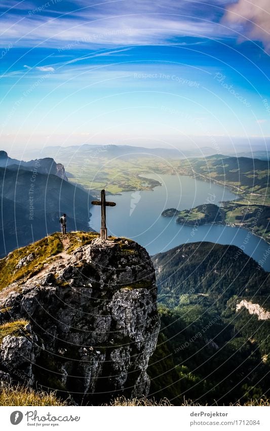 View of the Mondsee from the Schafberg with summit cross Wide angle Panorama (View) Long shot Deep depth of field Sunlight Contrast Shadow Light