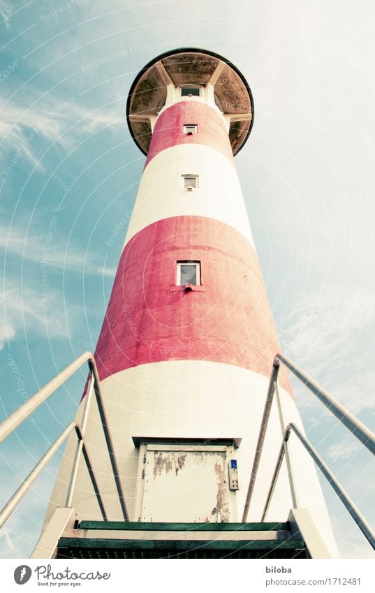 Lighthouse entrance from below in the floodlight of summer Entrance Goal Stairs Window Manmade structures Architecture Facade Tourist Attraction Red White Truth