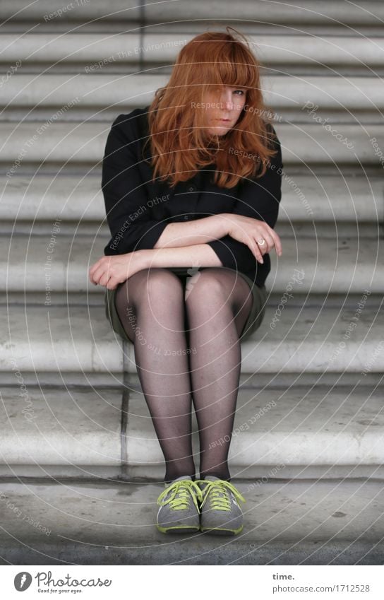 . Feminine 1 Human being Stairs Jacket Sneakers Red-haired Long-haired Observe Think Looking Sit Wait Protection Watchfulness Sadness Concern Fatigue