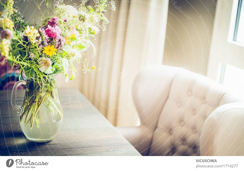 Glass vase with wild field flowers on the table at the window Lifestyle Luxury Elegant Style Design Living or residing Flat (apartment)