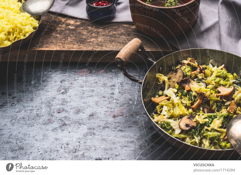 Braised savoy cabbage with mushrooms Food Vegetable Nutrition Lunch Dinner Banquet Organic produce Vegetarian diet Diet Crockery Pot Style Design Healthy Eating