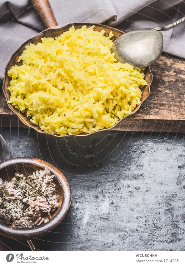 Yellow rice in pot with spoon Food Grain Nutrition Lunch Dinner Organic produce Vegetarian diet Diet Asian Food Bowl Pot Spoon Lifestyle Style Design
