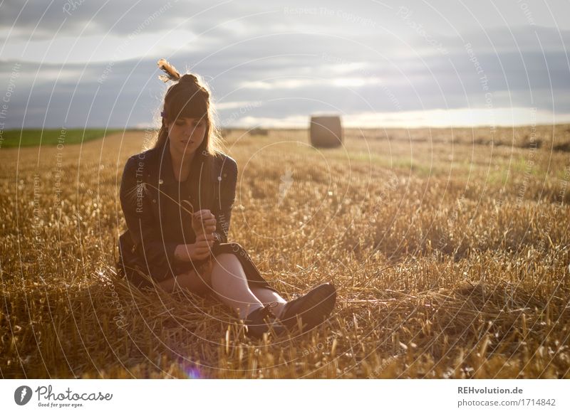 Carina in the stubble field. Human being Feminine Young woman Youth (Young adults) 1 18 - 30 years Adults Environment Nature Sky Clouds Horizon Sun Summer Field
